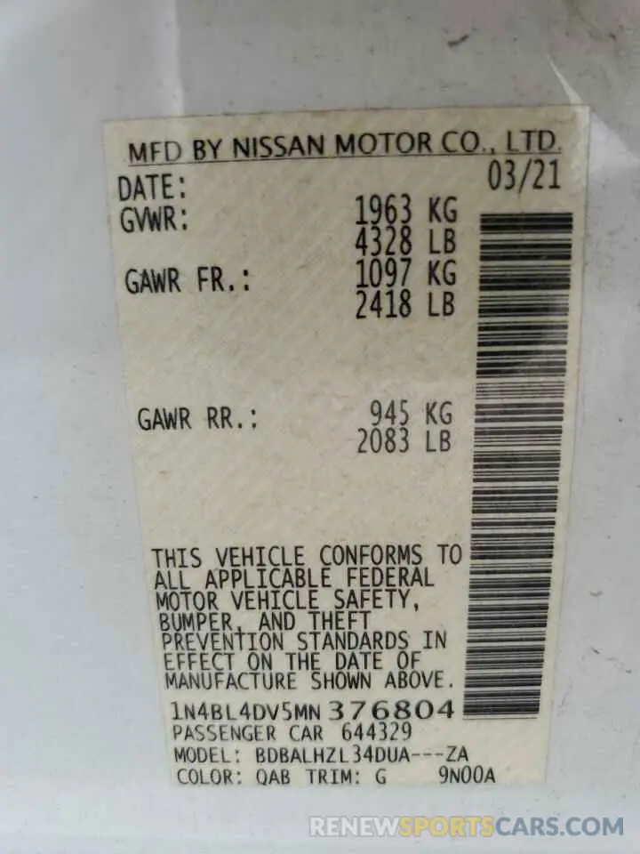 13 Photograph of a damaged car 1N4BL4DV5MN376804 NISSAN ALTIMA 2021