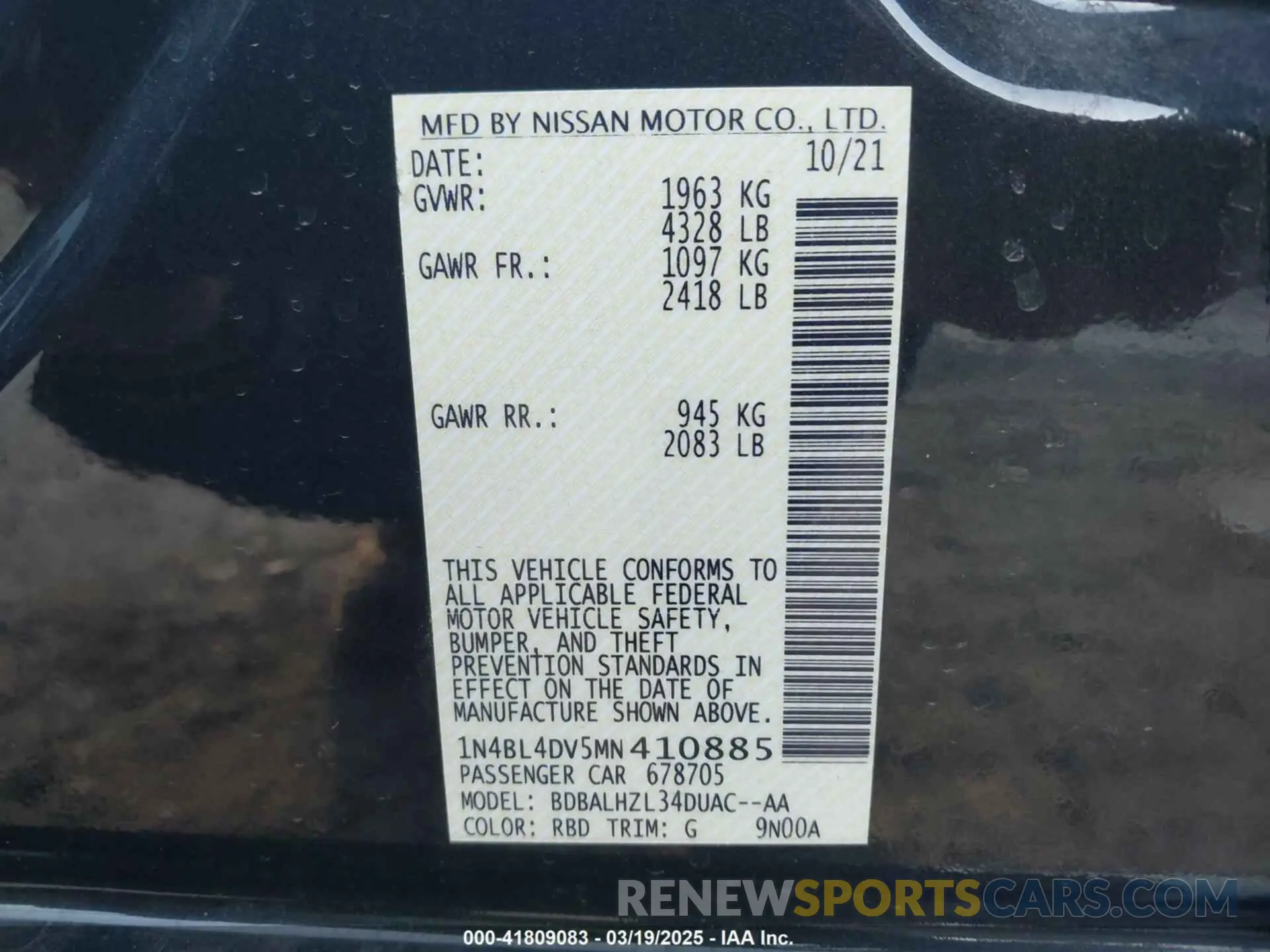 9 Photograph of a damaged car 1N4BL4DV5MN410885 NISSAN ALTIMA 2021