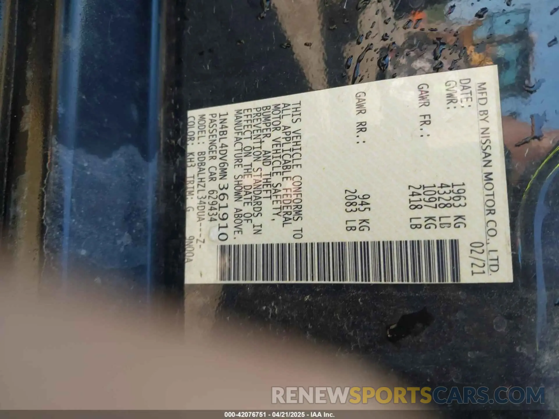 9 Photograph of a damaged car 1N4BL4DV6MN361910 NISSAN ALTIMA 2021