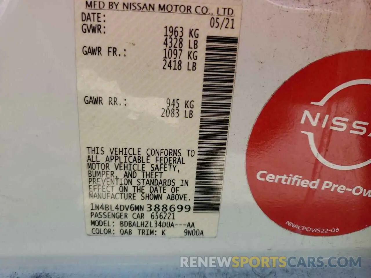12 Photograph of a damaged car 1N4BL4DV6MN388699 NISSAN ALTIMA 2021