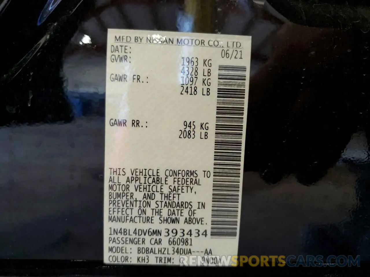 12 Photograph of a damaged car 1N4BL4DV6MN393434 NISSAN ALTIMA 2021