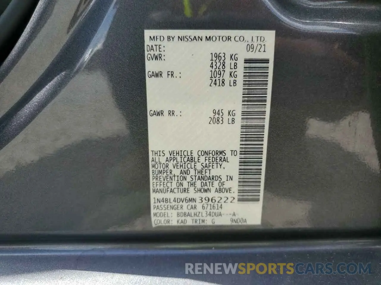 12 Photograph of a damaged car 1N4BL4DV6MN396222 NISSAN ALTIMA 2021