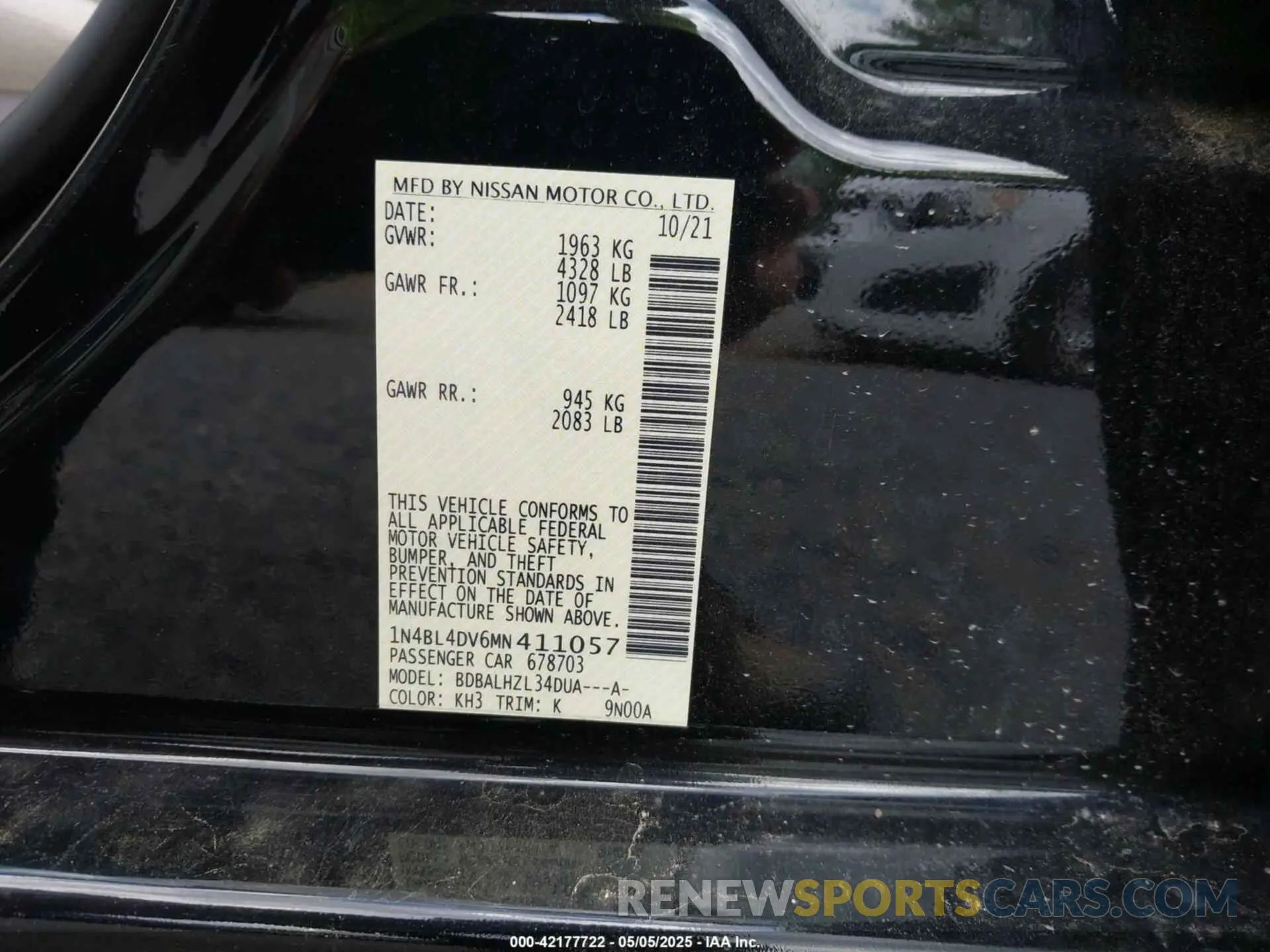9 Photograph of a damaged car 1N4BL4DV6MN411057 NISSAN ALTIMA 2021