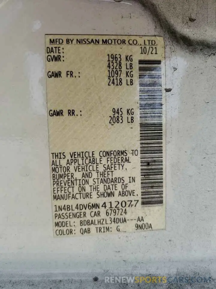 13 Photograph of a damaged car 1N4BL4DV6MN412077 NISSAN ALTIMA 2021