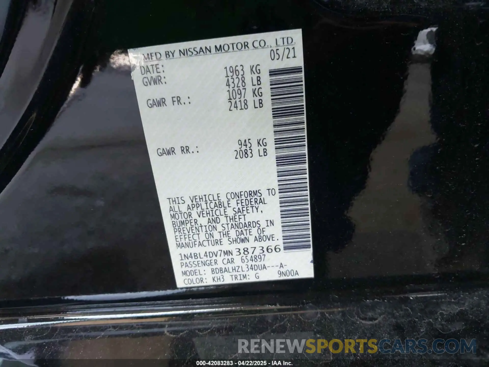 9 Photograph of a damaged car 1N4BL4DV7MN387366 NISSAN ALTIMA 2021