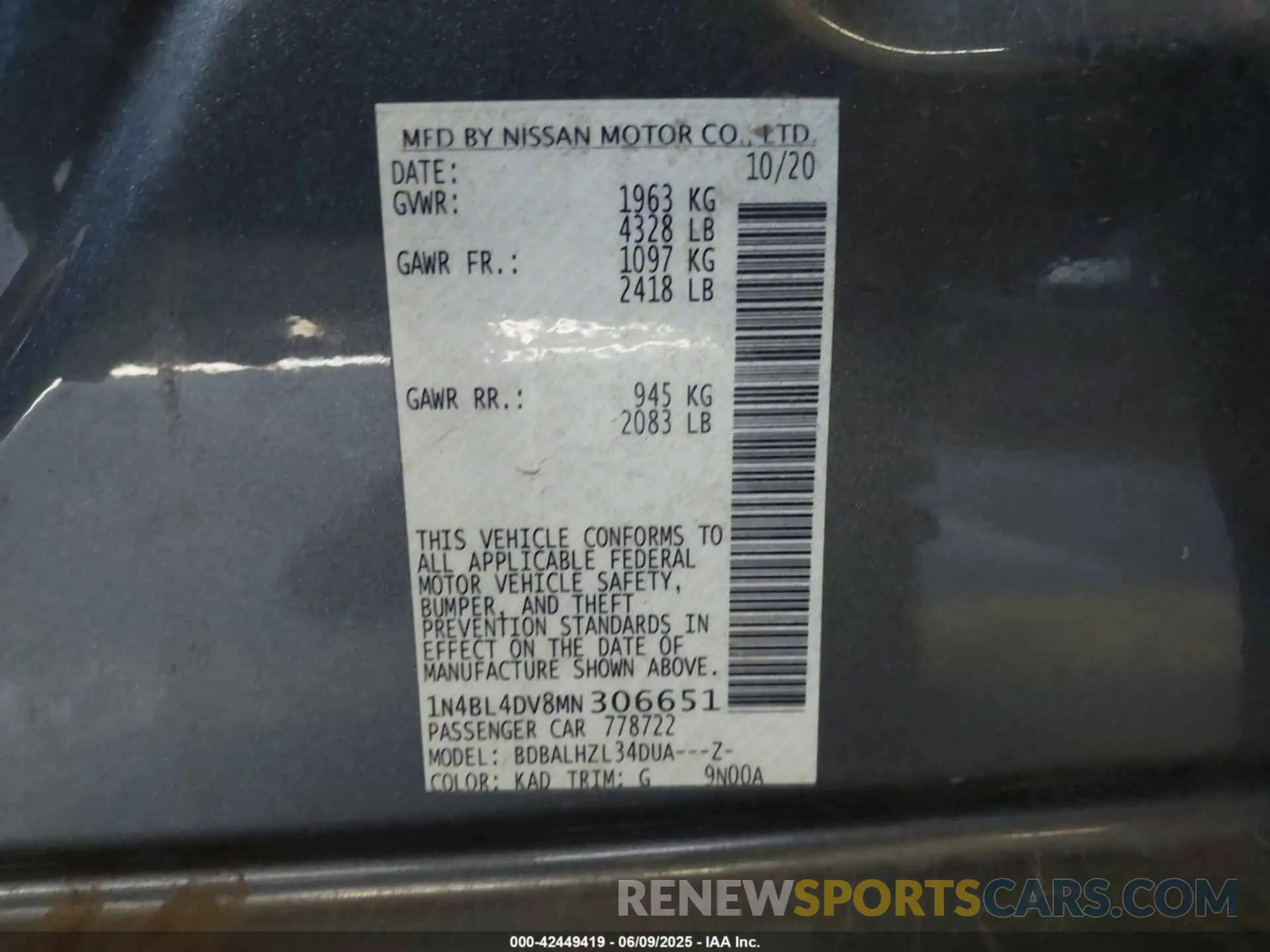 9 Photograph of a damaged car 1N4BL4DV8MN306651 NISSAN ALTIMA 2021