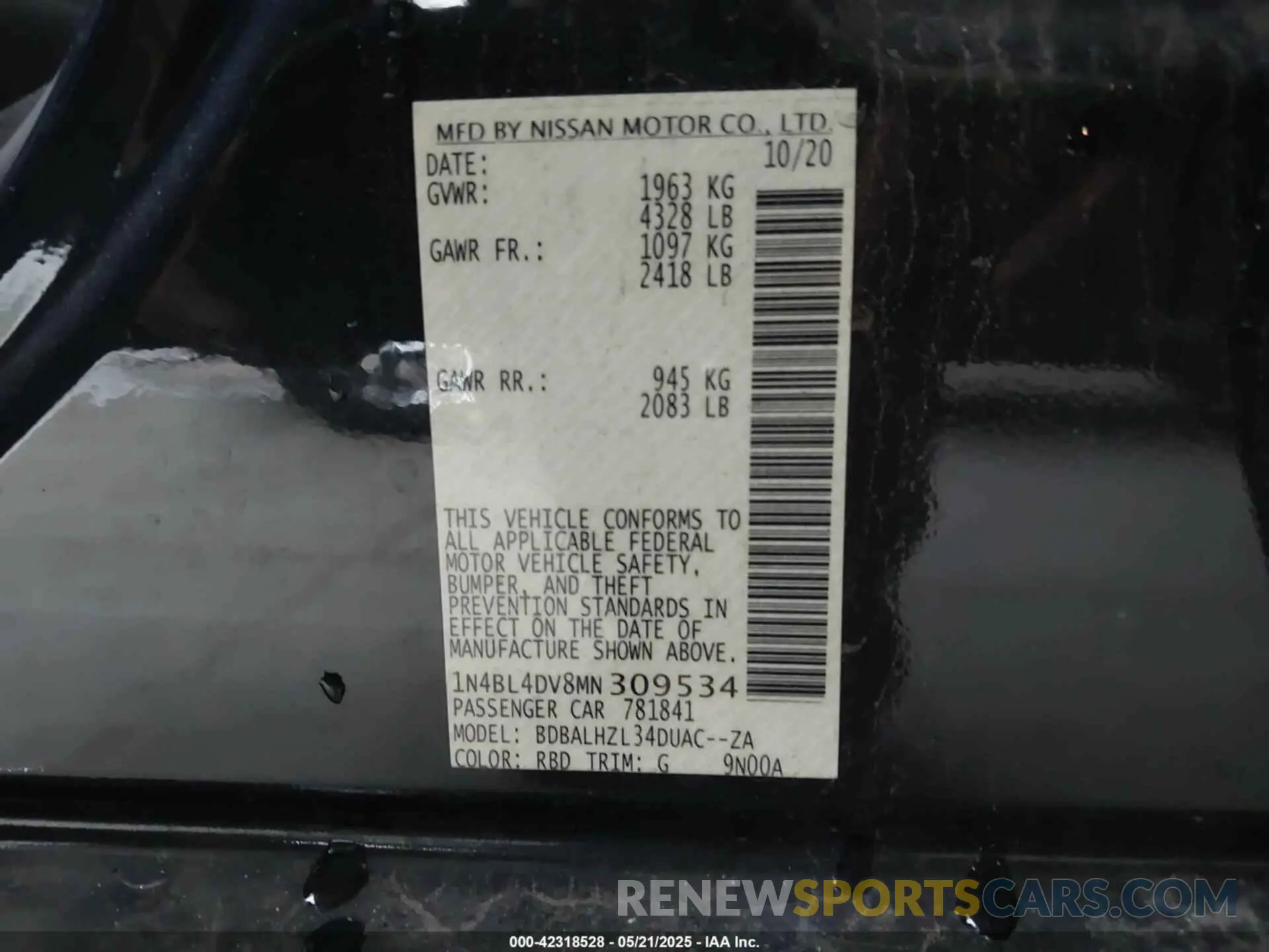 9 Photograph of a damaged car 1N4BL4DV8MN309534 NISSAN ALTIMA 2021