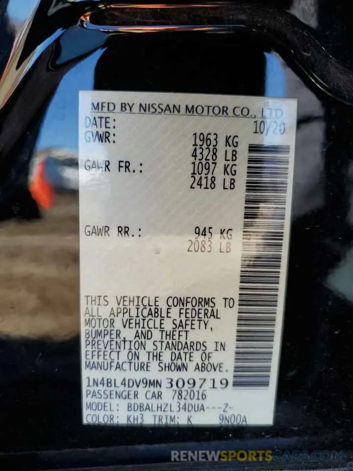 12 Photograph of a damaged car 1N4BL4DV9MN309719 NISSAN ALTIMA 2021