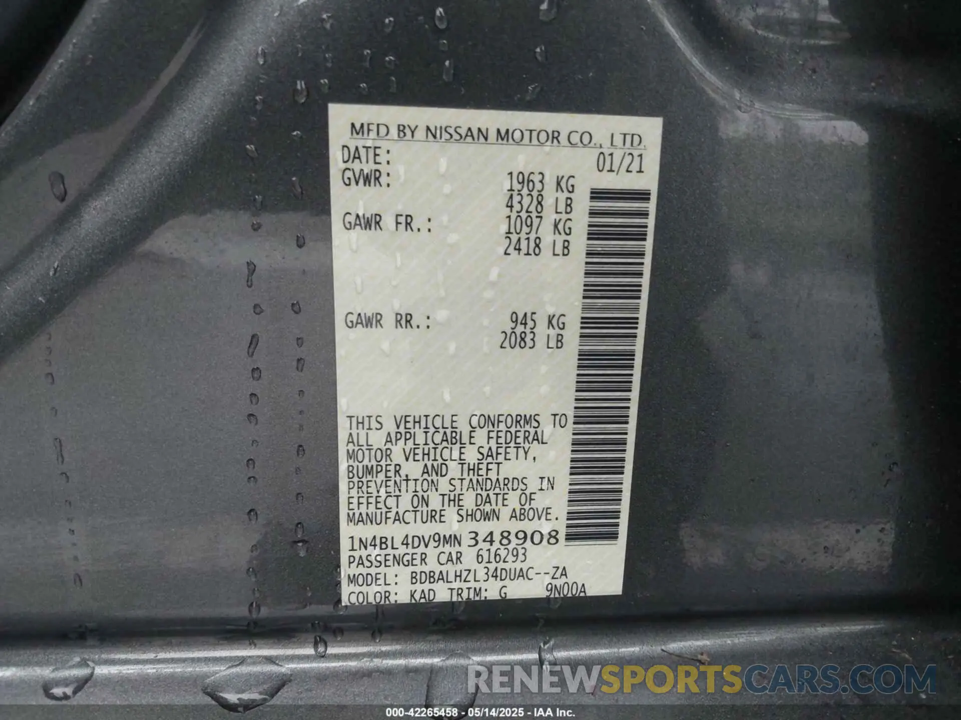 9 Photograph of a damaged car 1N4BL4DV9MN348908 NISSAN ALTIMA 2021