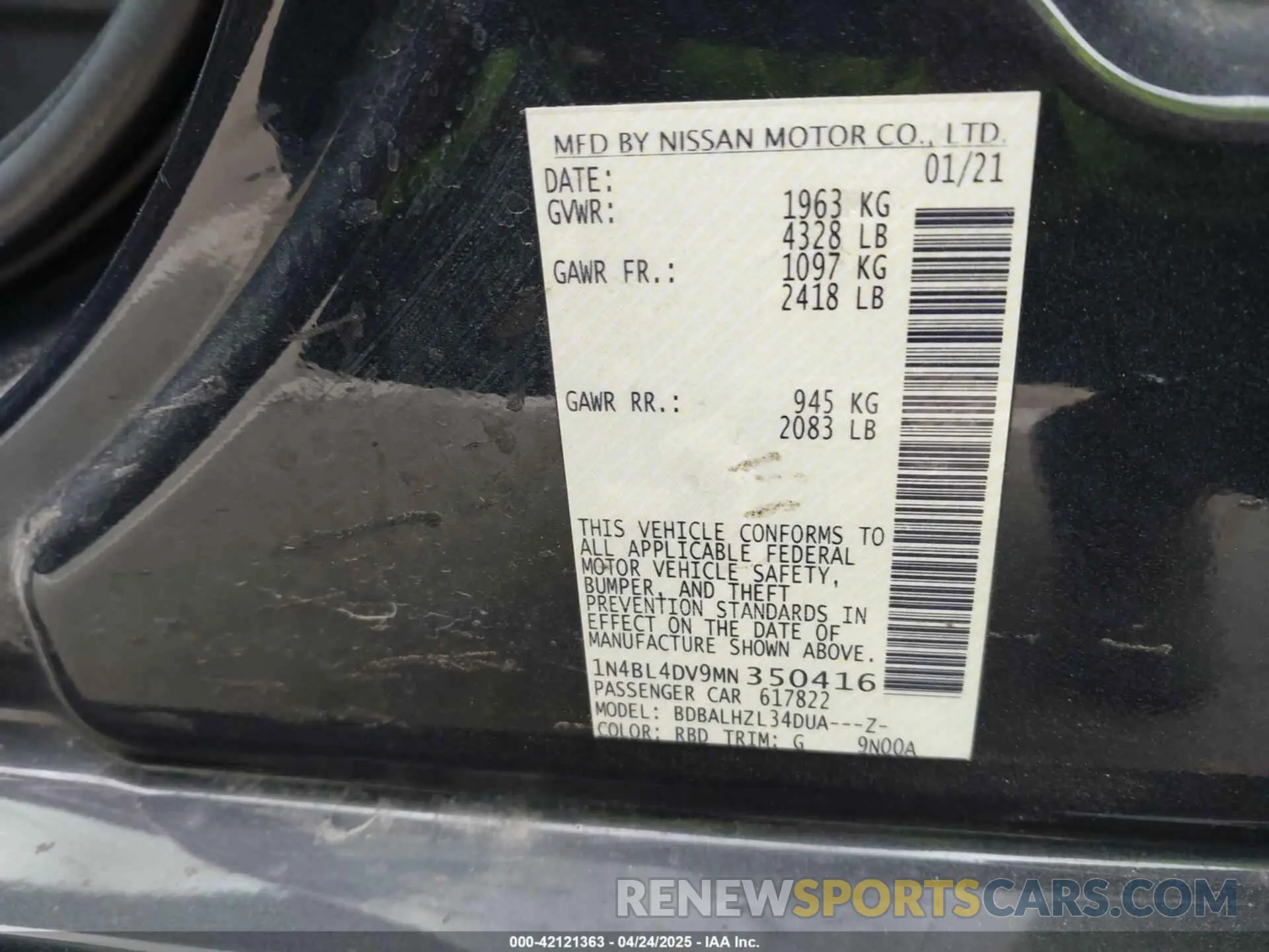 9 Photograph of a damaged car 1N4BL4DV9MN350416 NISSAN ALTIMA 2021