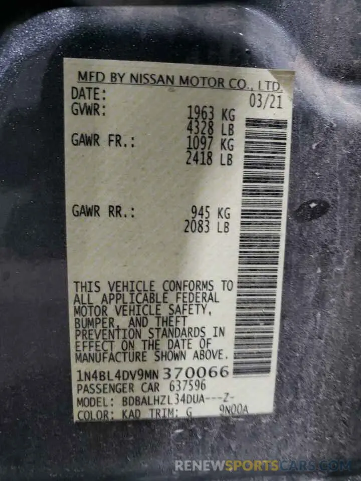14 Photograph of a damaged car 1N4BL4DV9MN370066 NISSAN ALTIMA 2021