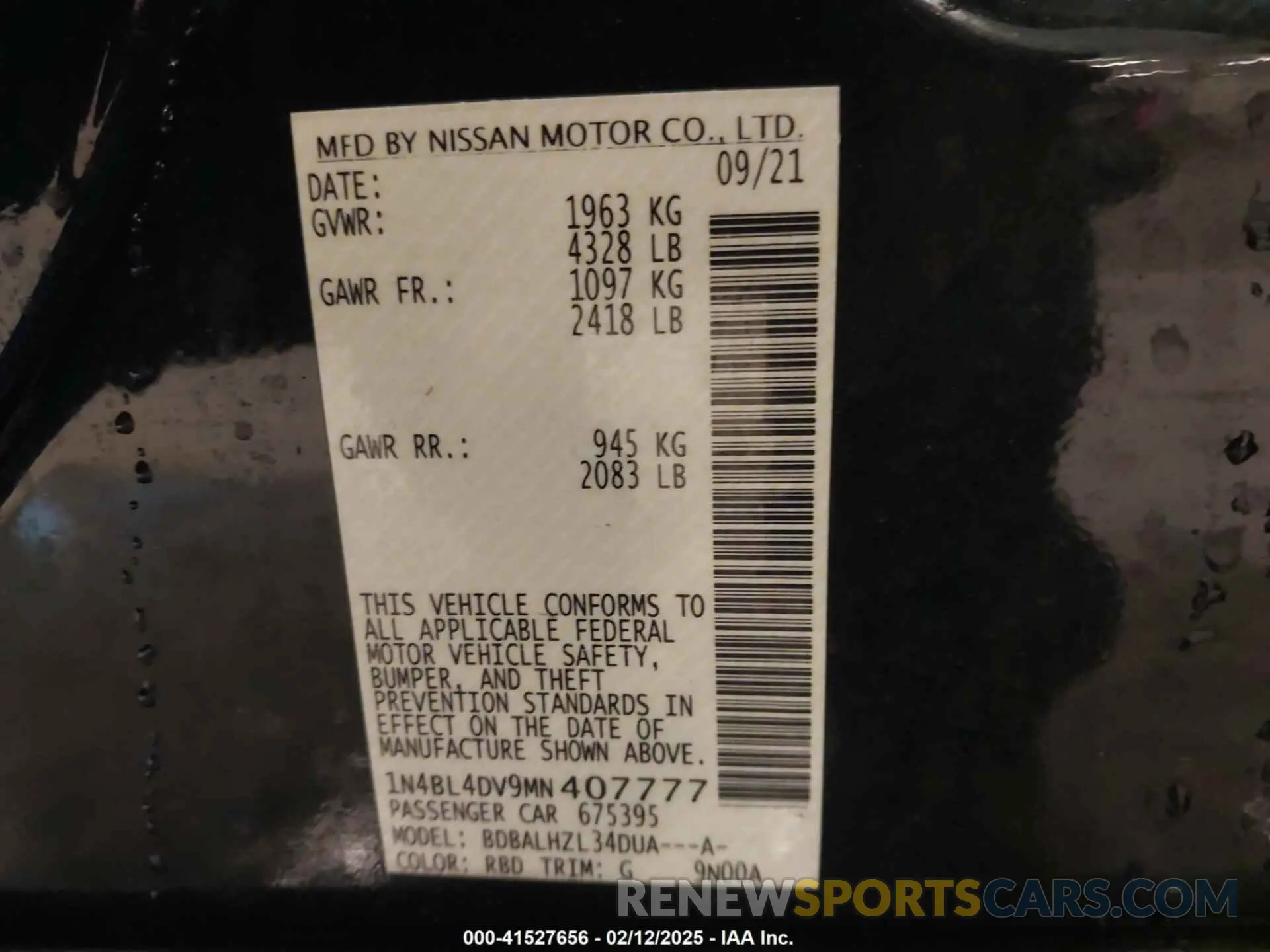9 Photograph of a damaged car 1N4BL4DV9MN407777 NISSAN ALTIMA 2021