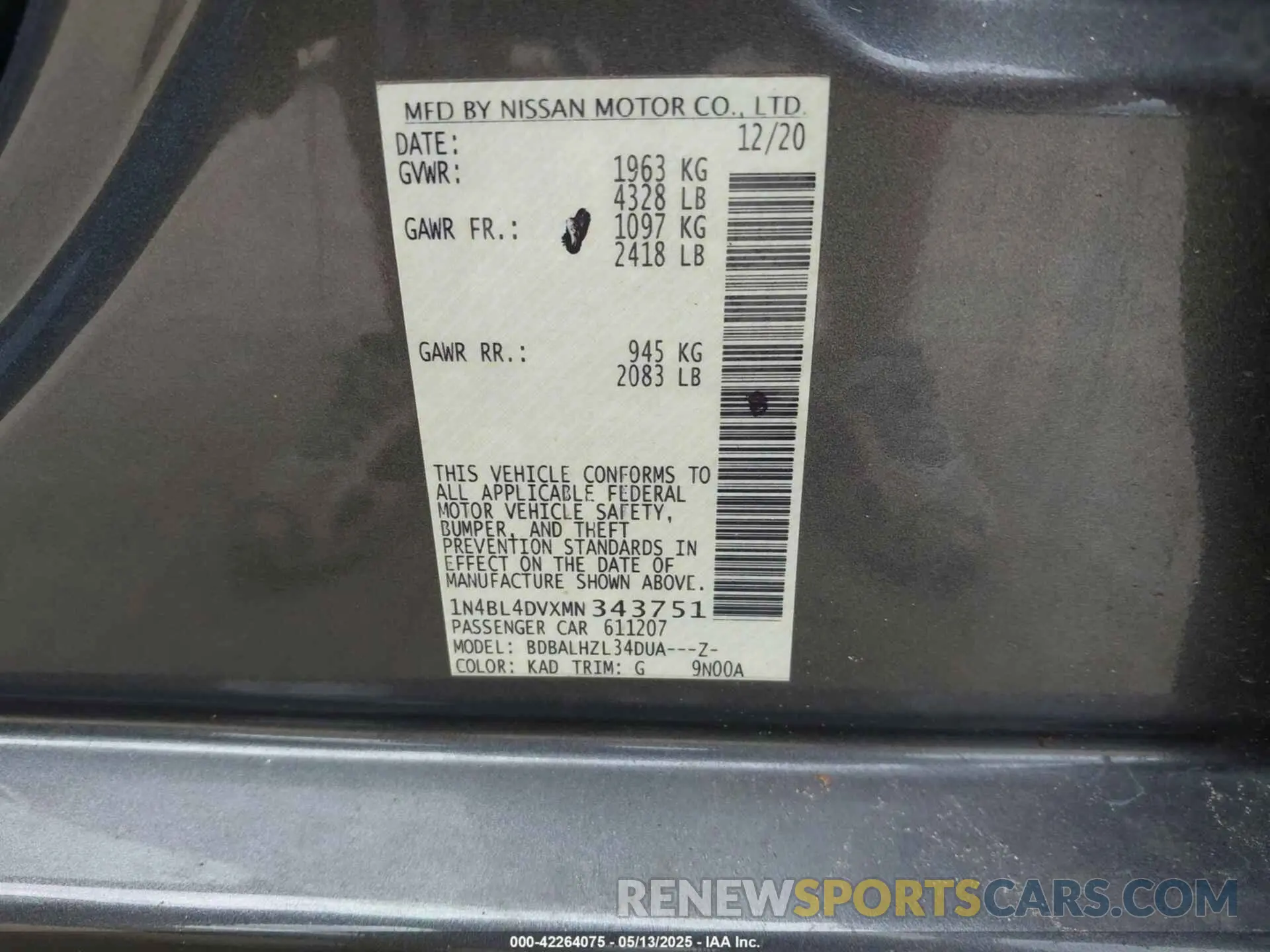 9 Photograph of a damaged car 1N4BL4DVXMN343751 NISSAN ALTIMA 2021