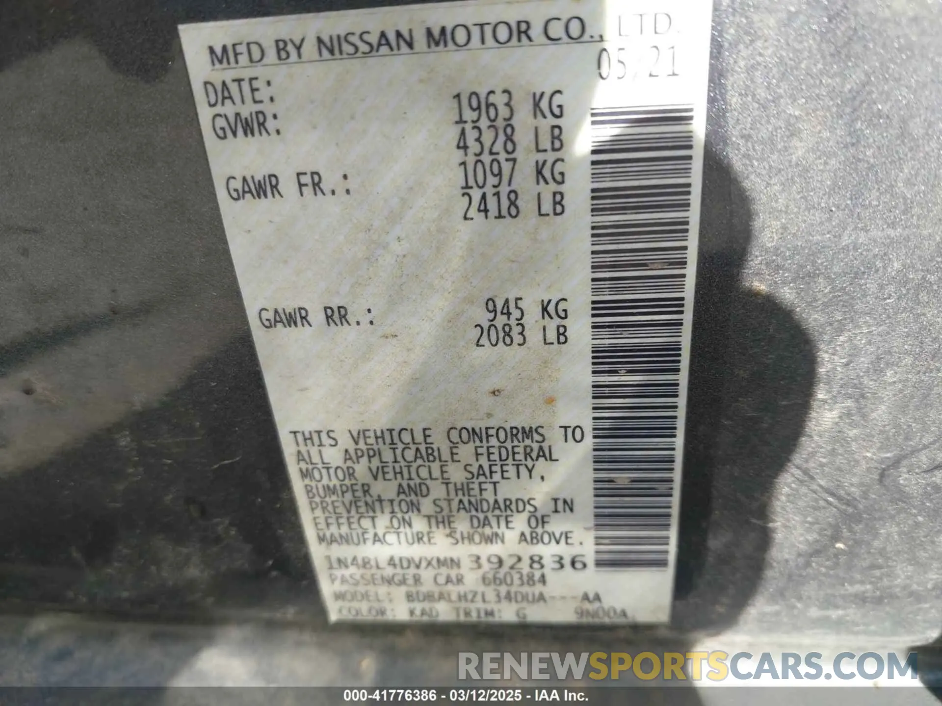 9 Photograph of a damaged car 1N4BL4DVXMN392836 NISSAN ALTIMA 2021