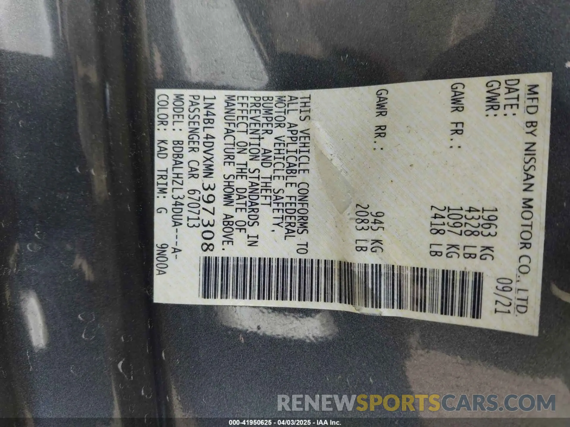 9 Photograph of a damaged car 1N4BL4DVXMN397308 NISSAN ALTIMA 2021