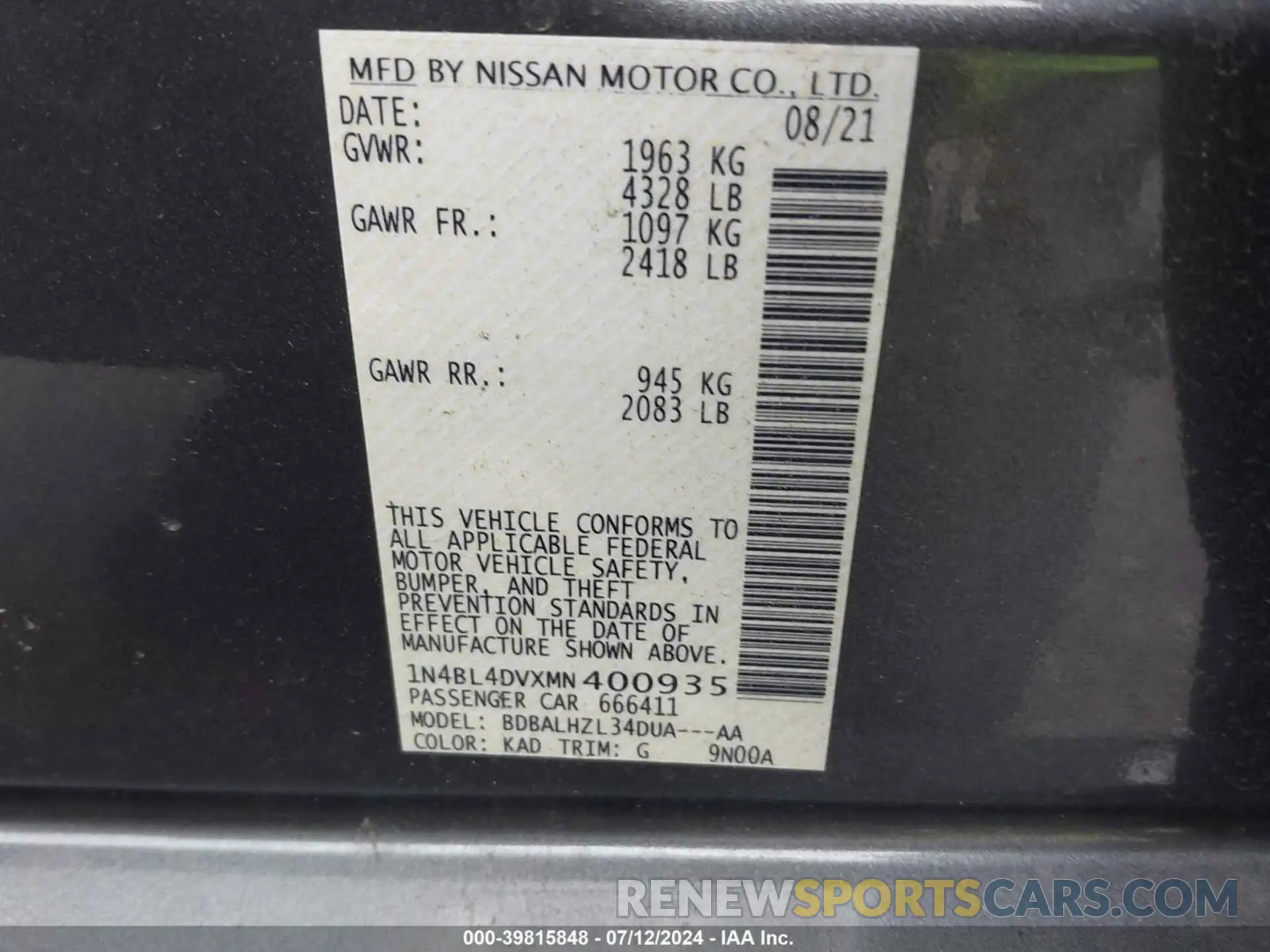 9 Photograph of a damaged car 1N4BL4DVXMN400935 NISSAN ALTIMA 2021