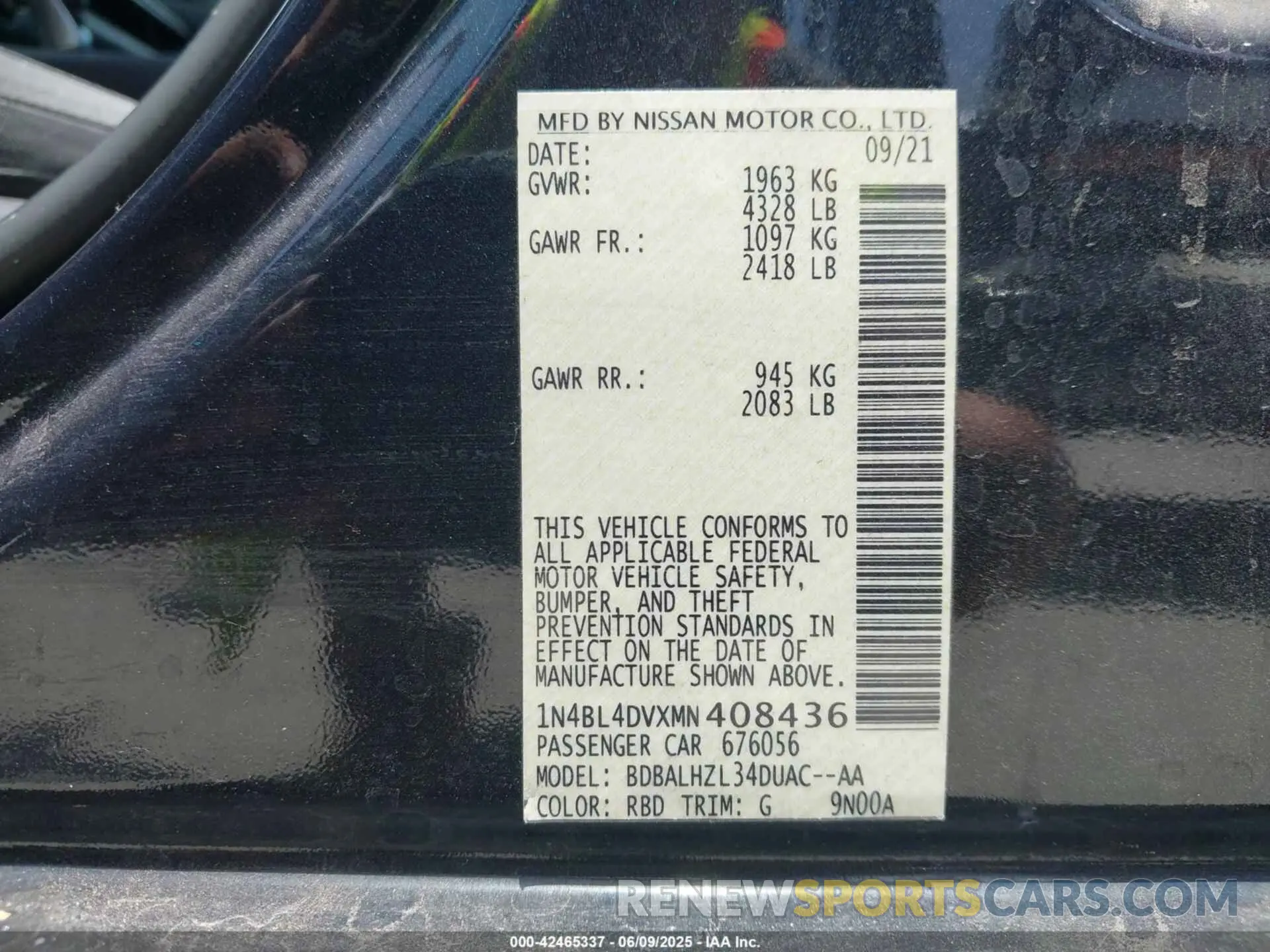 9 Photograph of a damaged car 1N4BL4DVXMN408436 NISSAN ALTIMA 2021