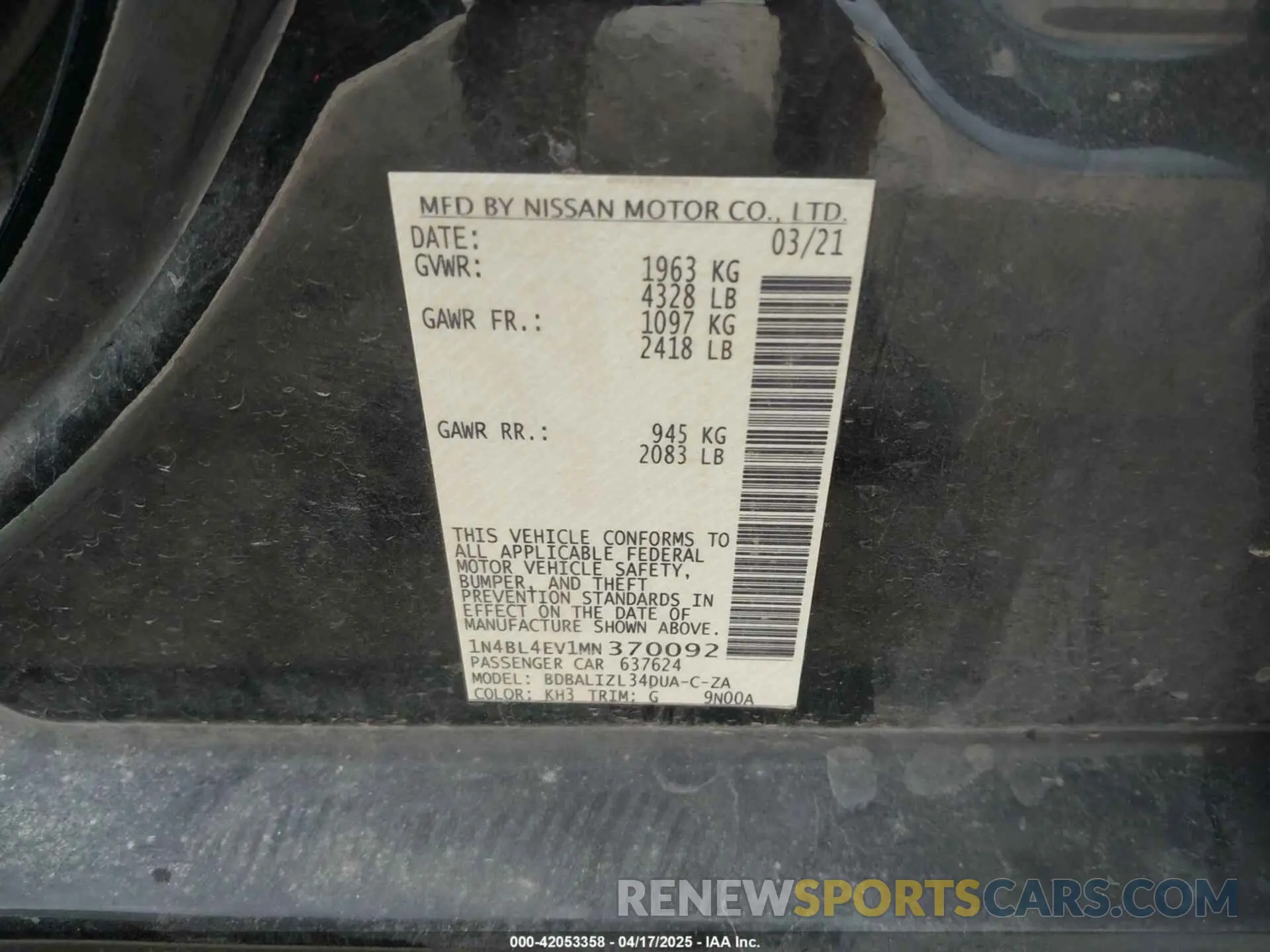 9 Photograph of a damaged car 1N4BL4EV1MN370092 NISSAN ALTIMA 2021