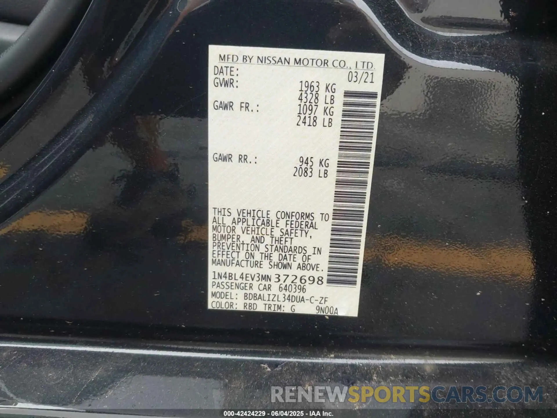 9 Photograph of a damaged car 1N4BL4EV3MN372698 NISSAN ALTIMA 2021