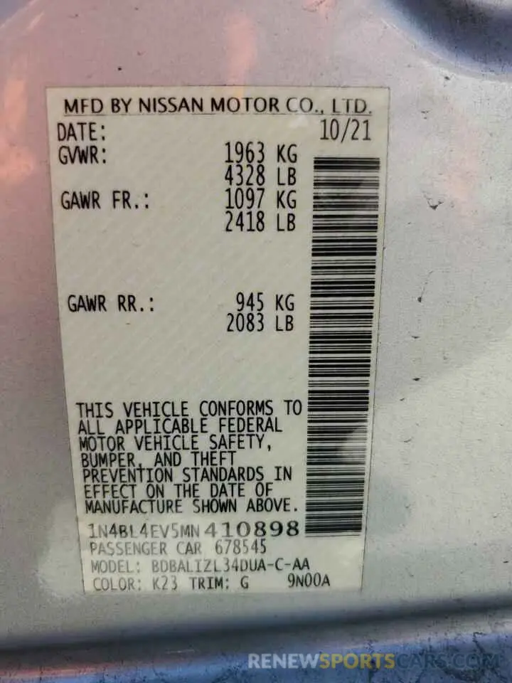 12 Photograph of a damaged car 1N4BL4EV5MN410898 NISSAN ALTIMA 2021