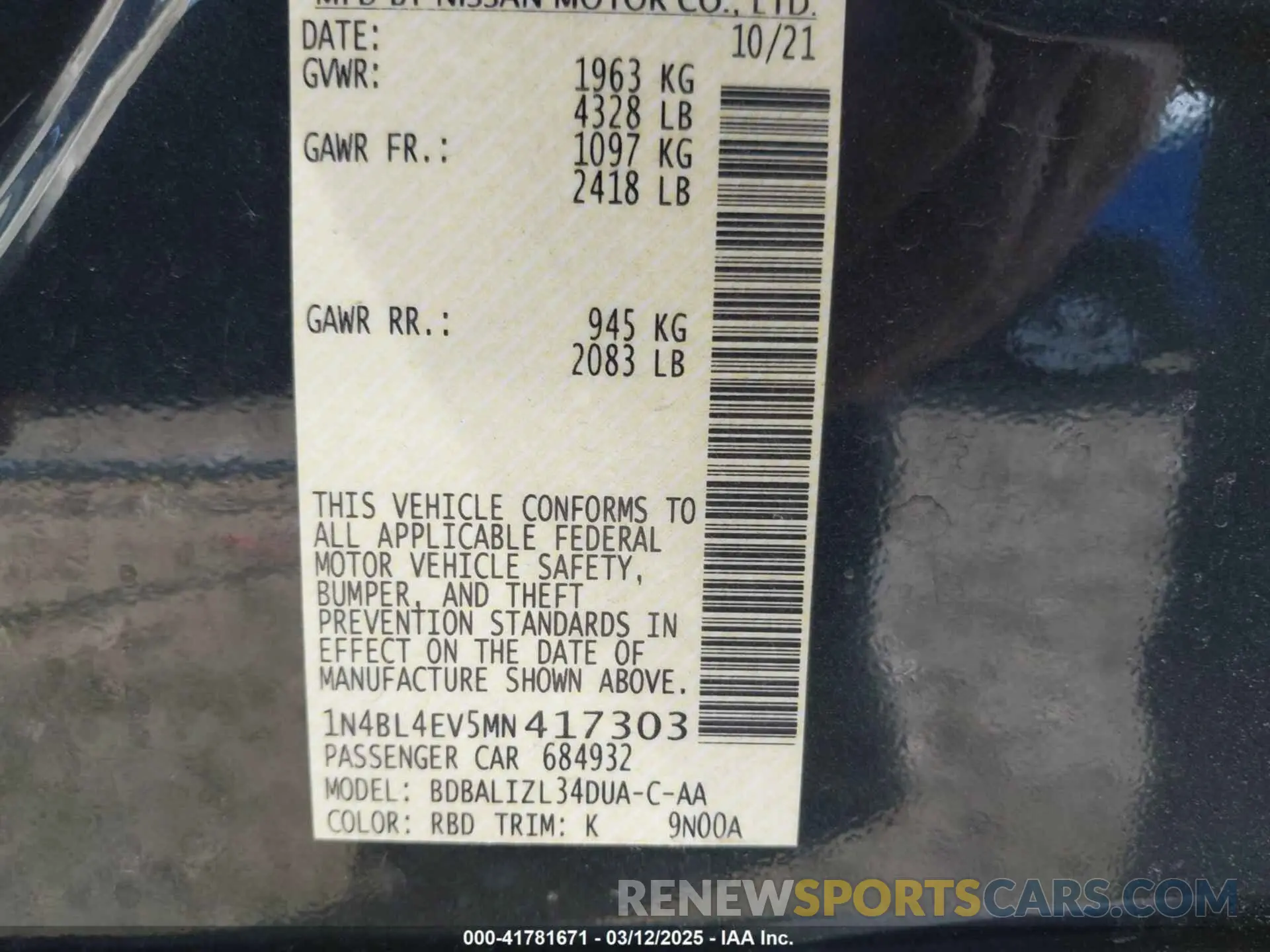 9 Photograph of a damaged car 1N4BL4EV5MN417303 NISSAN ALTIMA 2021