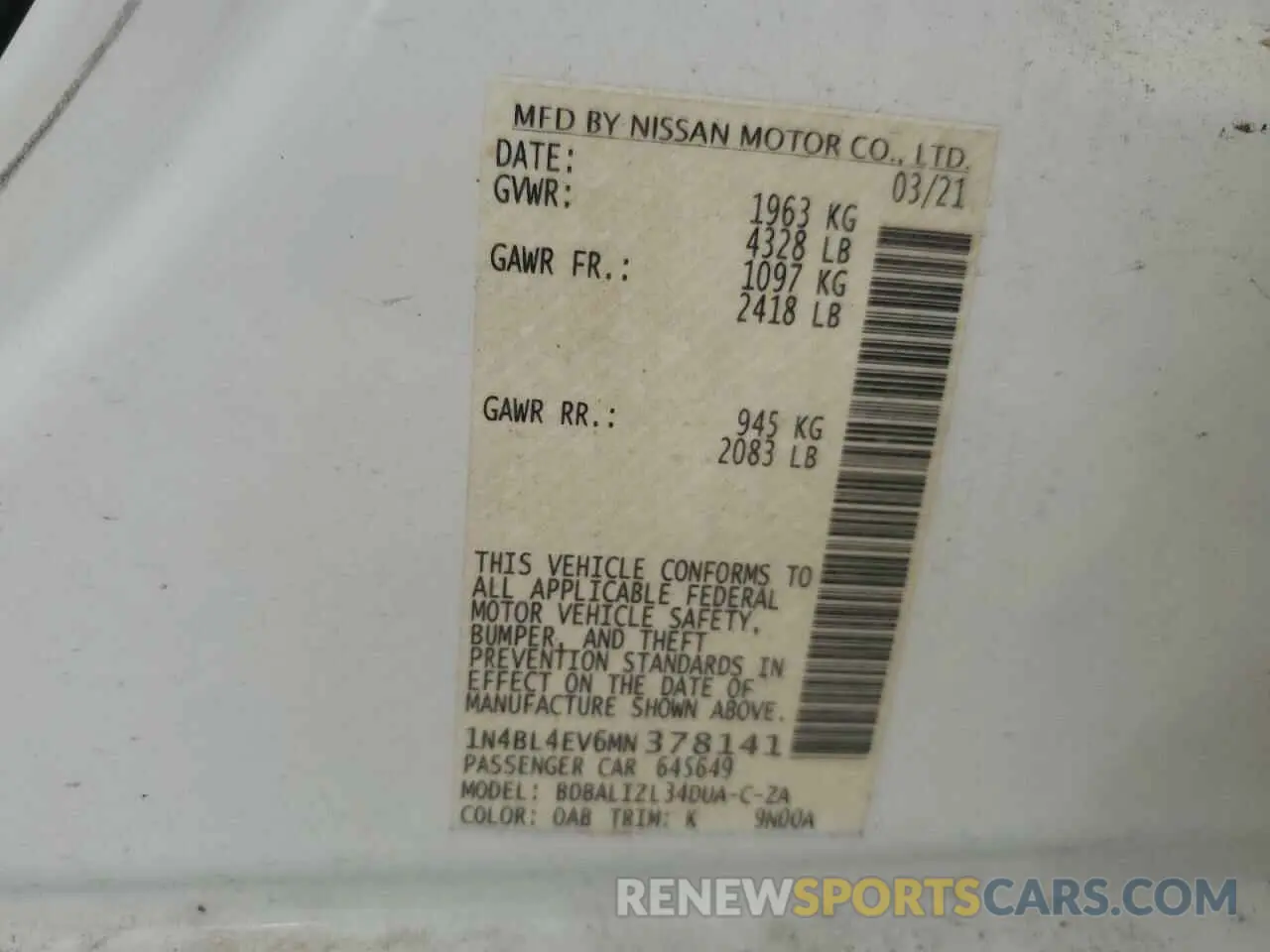12 Photograph of a damaged car 1N4BL4EV6MN378141 NISSAN ALTIMA 2021