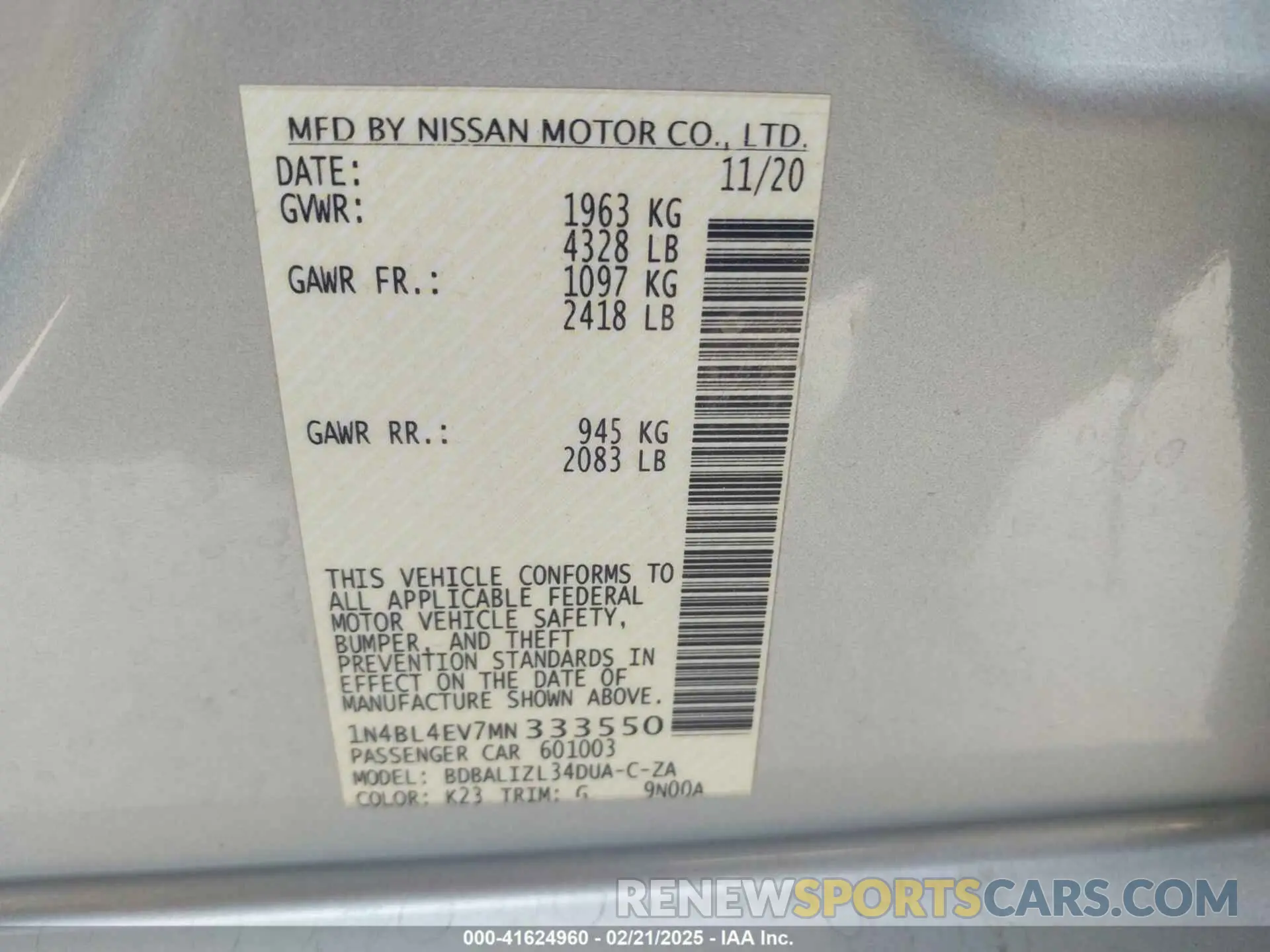 9 Photograph of a damaged car 1N4BL4EV7MN333550 NISSAN ALTIMA 2021