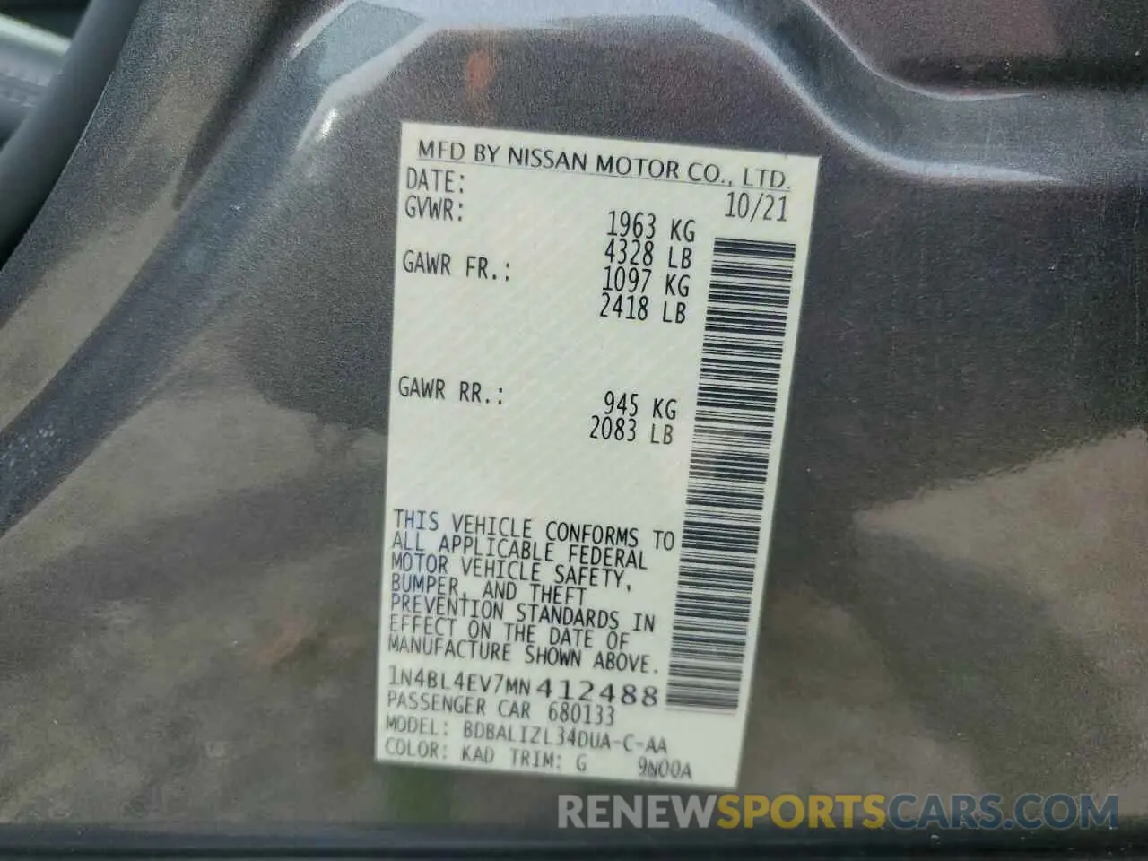 12 Photograph of a damaged car 1N4BL4EV7MN412488 NISSAN ALTIMA 2021