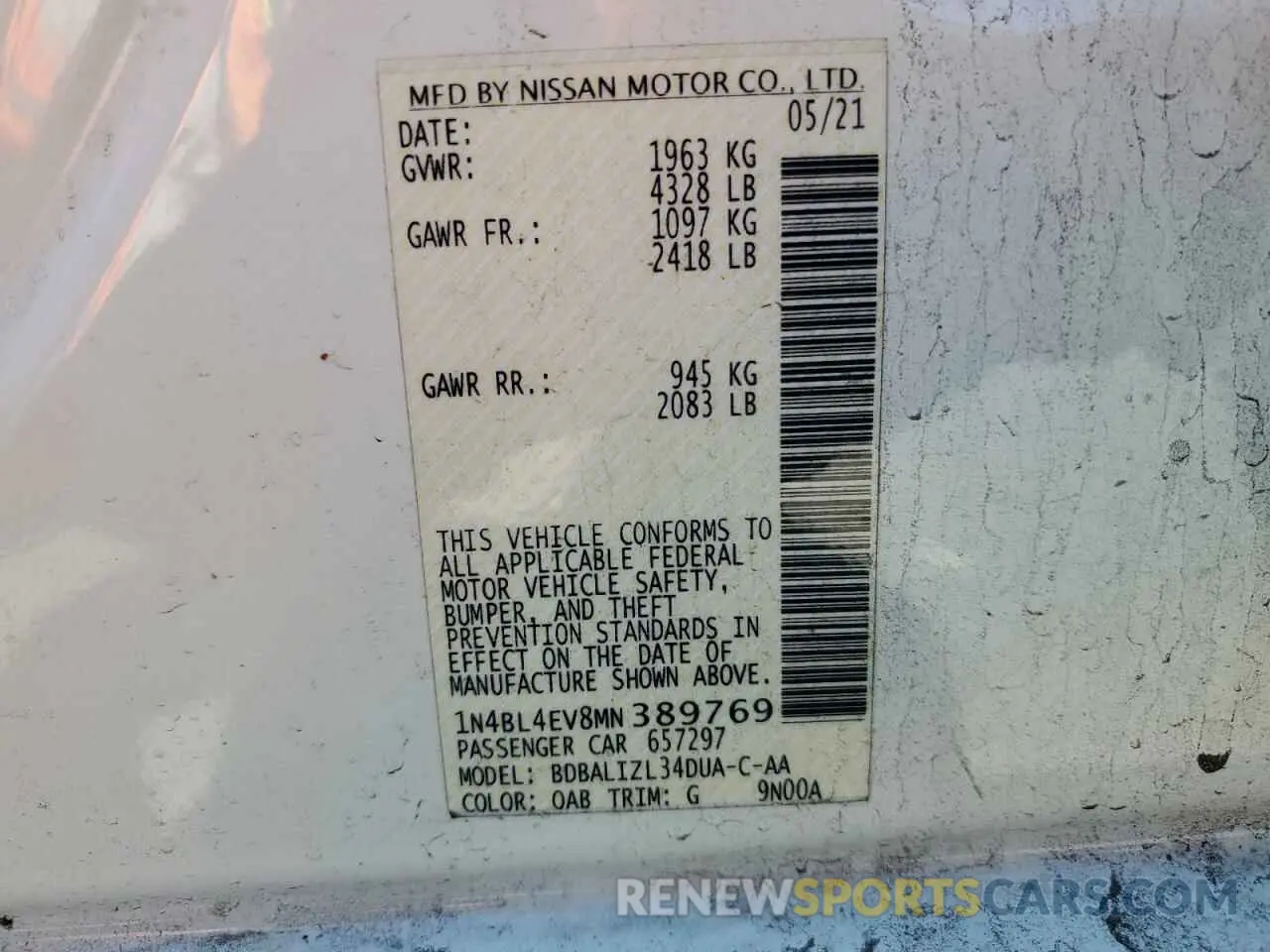 12 Photograph of a damaged car 1N4BL4EV8MN389769 NISSAN ALTIMA 2021