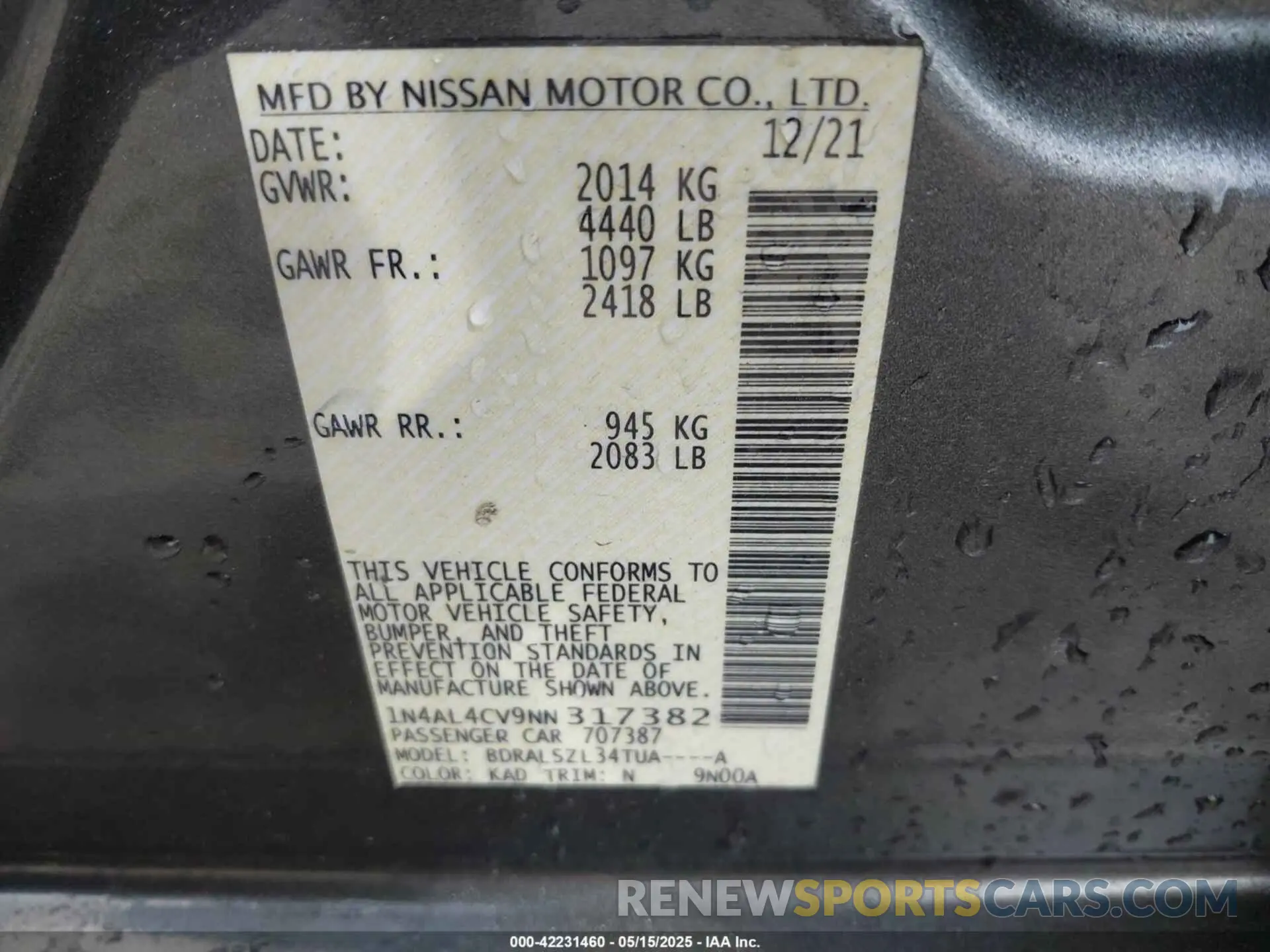 9 Photograph of a damaged car 1N4AL4CV9NN317382 NISSAN ALTIMA 2022