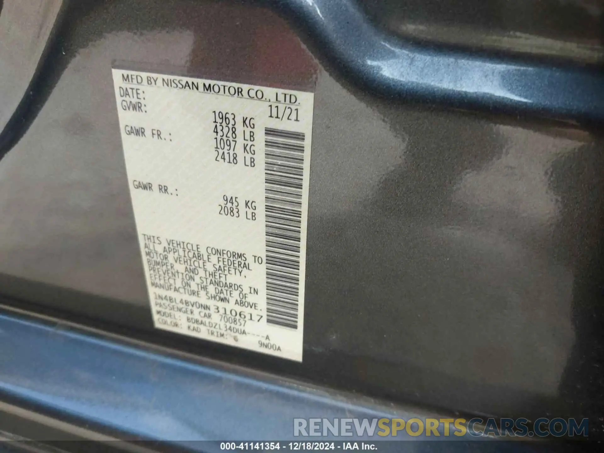 9 Photograph of a damaged car 1N4BL4BV0NN310617 NISSAN ALTIMA 2022