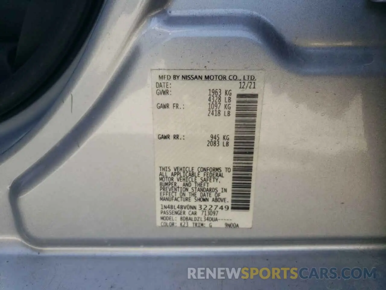 12 Photograph of a damaged car 1N4BL4BV0NN322749 NISSAN ALTIMA 2022