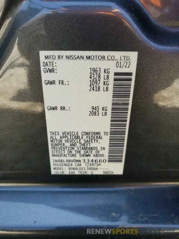 12 Photograph of a damaged car 1N4BL4BV0NN334660 NISSAN ALTIMA 2022