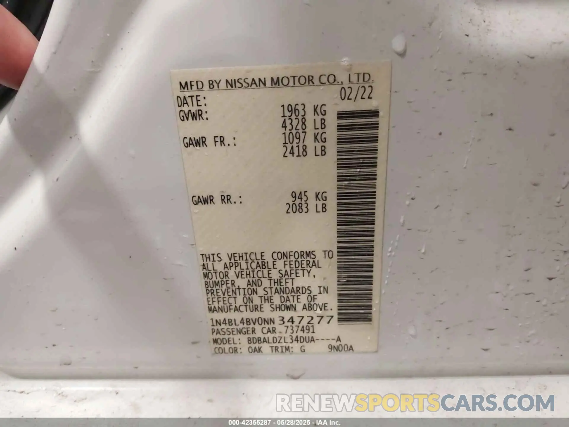 9 Photograph of a damaged car 1N4BL4BV0NN347277 NISSAN ALTIMA 2022
