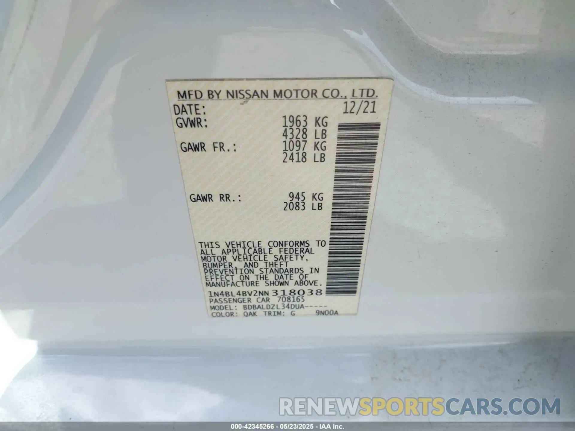 9 Photograph of a damaged car 1N4BL4BV2NN318038 NISSAN ALTIMA 2022