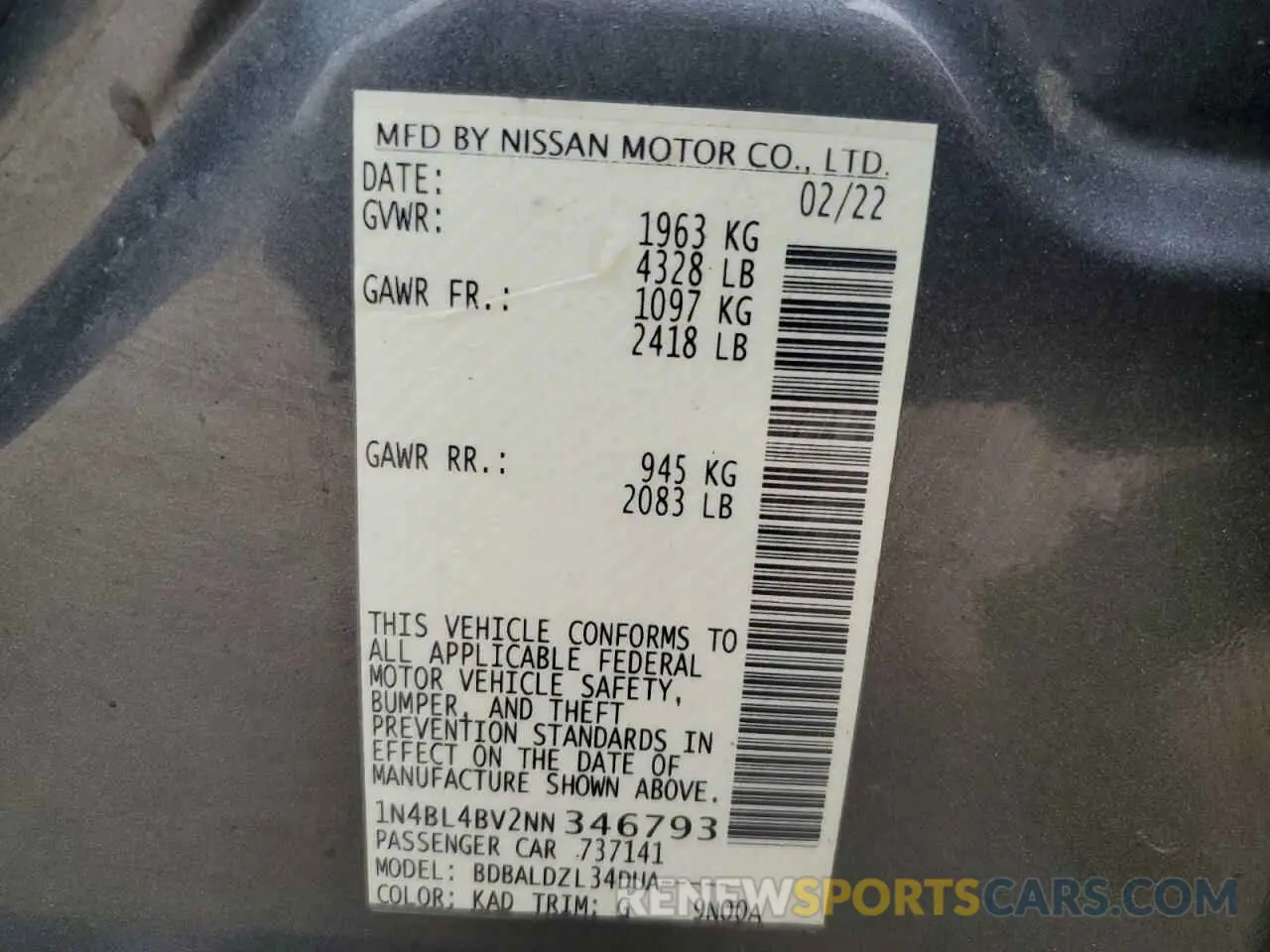 12 Photograph of a damaged car 1N4BL4BV2NN346793 NISSAN ALTIMA 2022