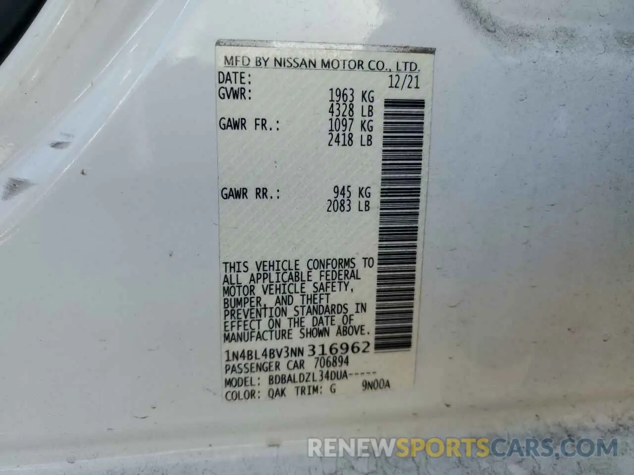 15 Photograph of a damaged car 1N4BL4BV3NN316962 NISSAN ALTIMA 2022