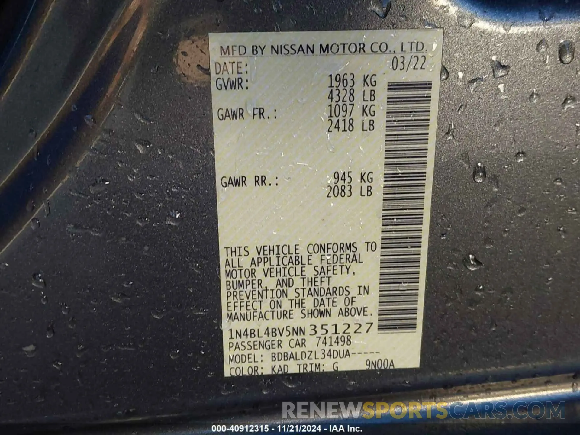9 Photograph of a damaged car 1N4BL4BV5NN351227 NISSAN ALTIMA 2022