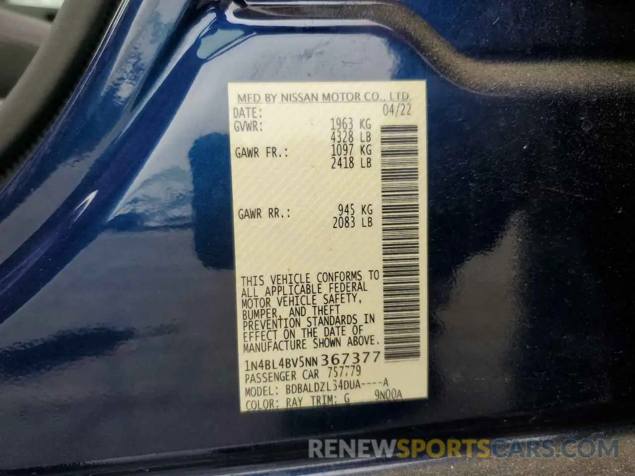 12 Photograph of a damaged car 1N4BL4BV5NN367377 NISSAN ALTIMA 2022