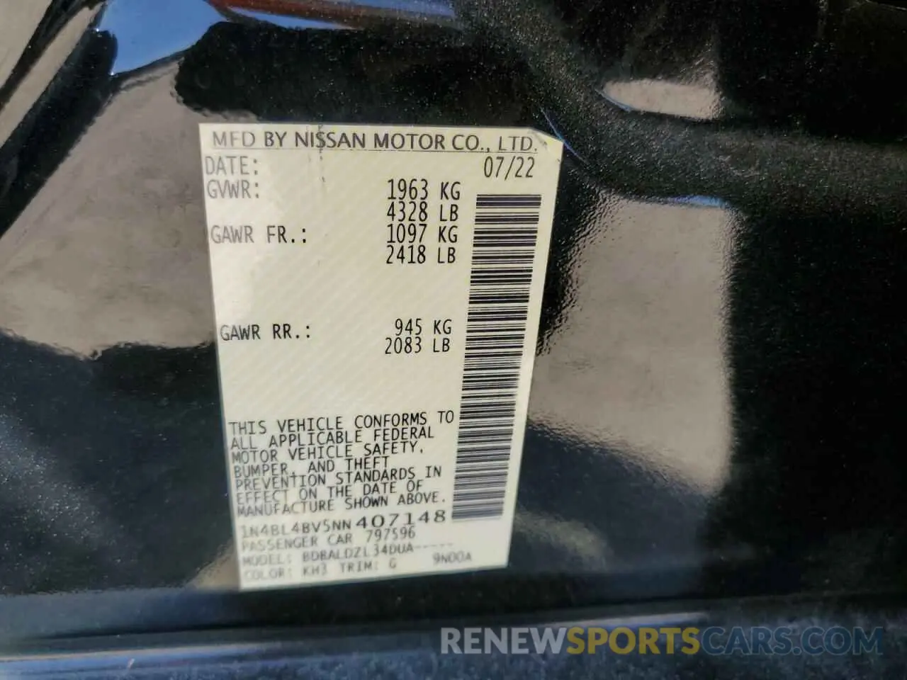 12 Photograph of a damaged car 1N4BL4BV5NN407148 NISSAN ALTIMA 2022