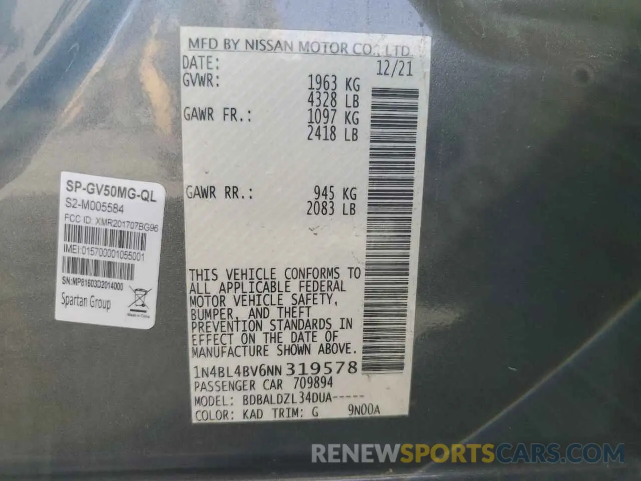 15 Photograph of a damaged car 1N4BL4BV6NN319578 NISSAN ALTIMA 2022