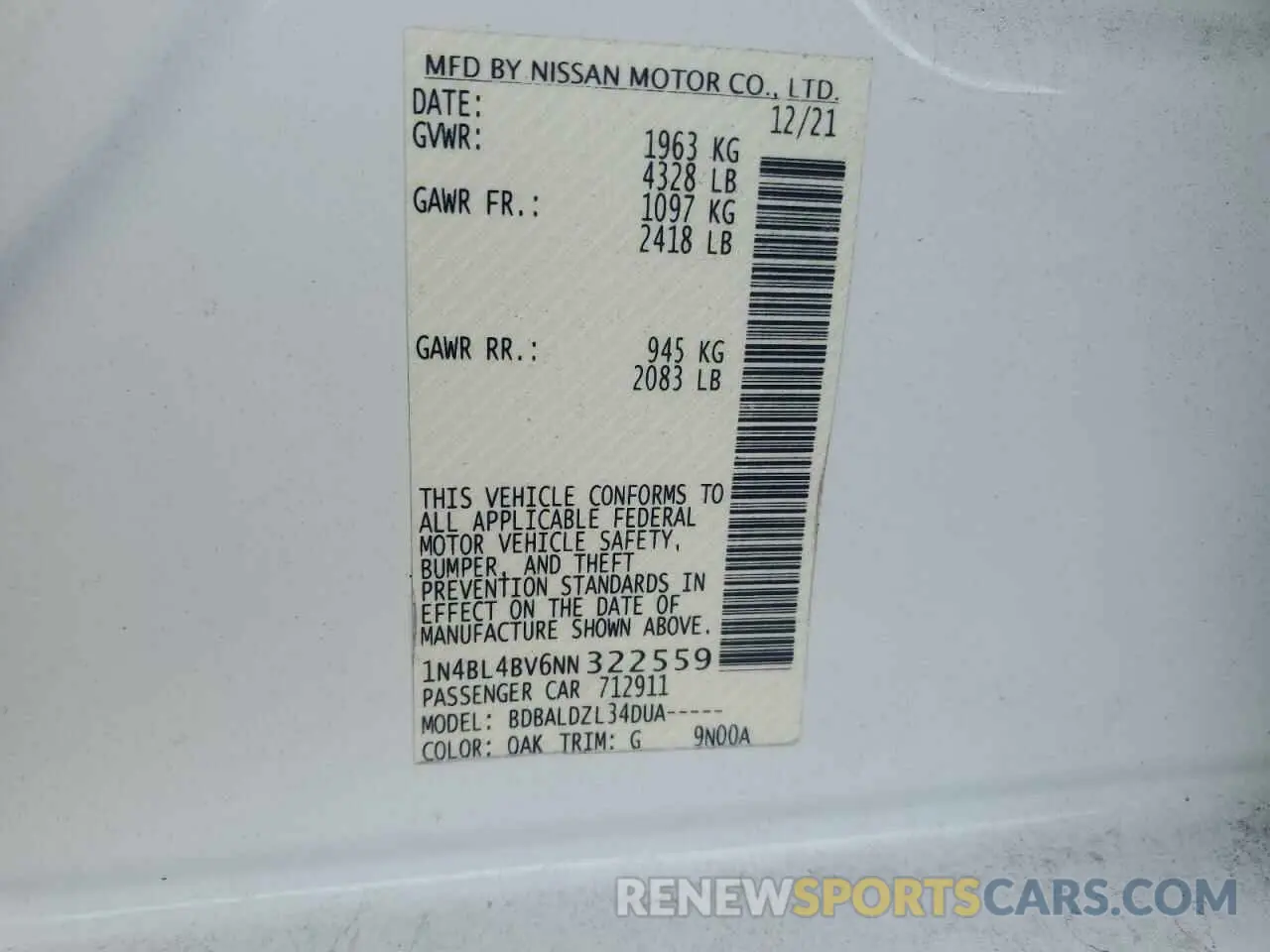 14 Photograph of a damaged car 1N4BL4BV6NN322559 NISSAN ALTIMA 2022