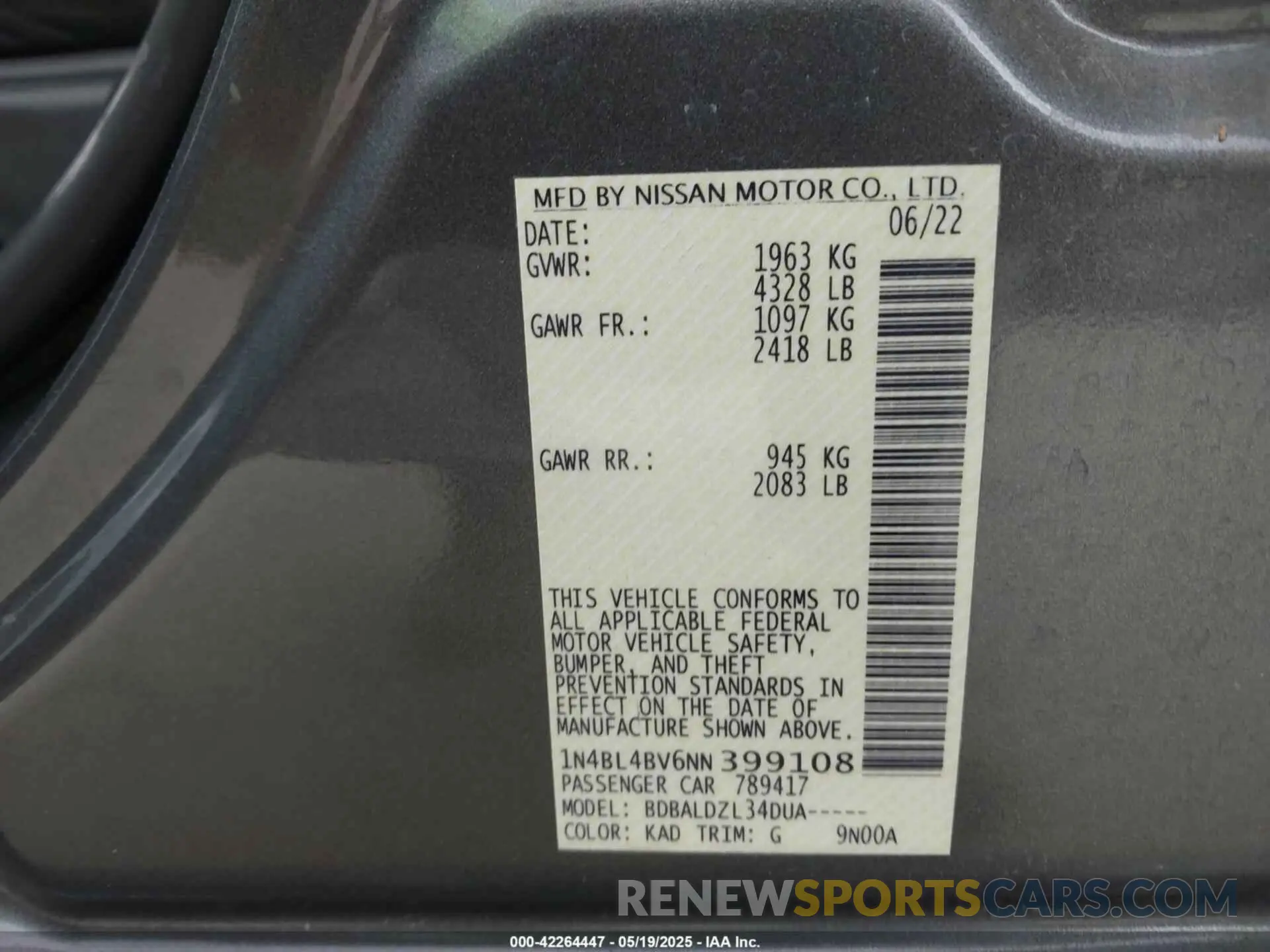 9 Photograph of a damaged car 1N4BL4BV6NN399108 NISSAN ALTIMA 2022