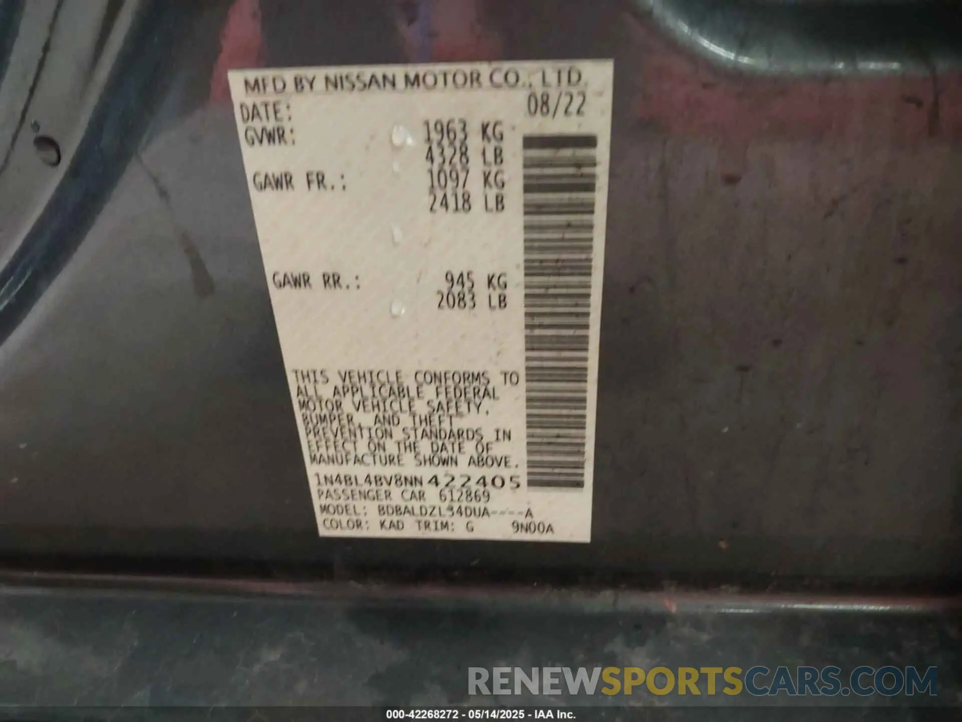 9 Photograph of a damaged car 1N4BL4BV8NN422405 NISSAN ALTIMA 2022