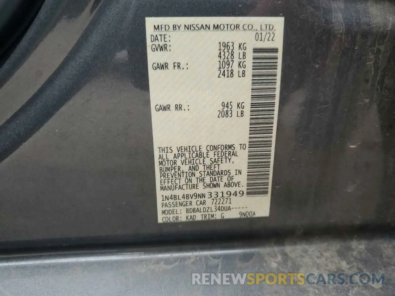 13 Photograph of a damaged car 1N4BL4BV9NN331949 NISSAN ALTIMA 2022