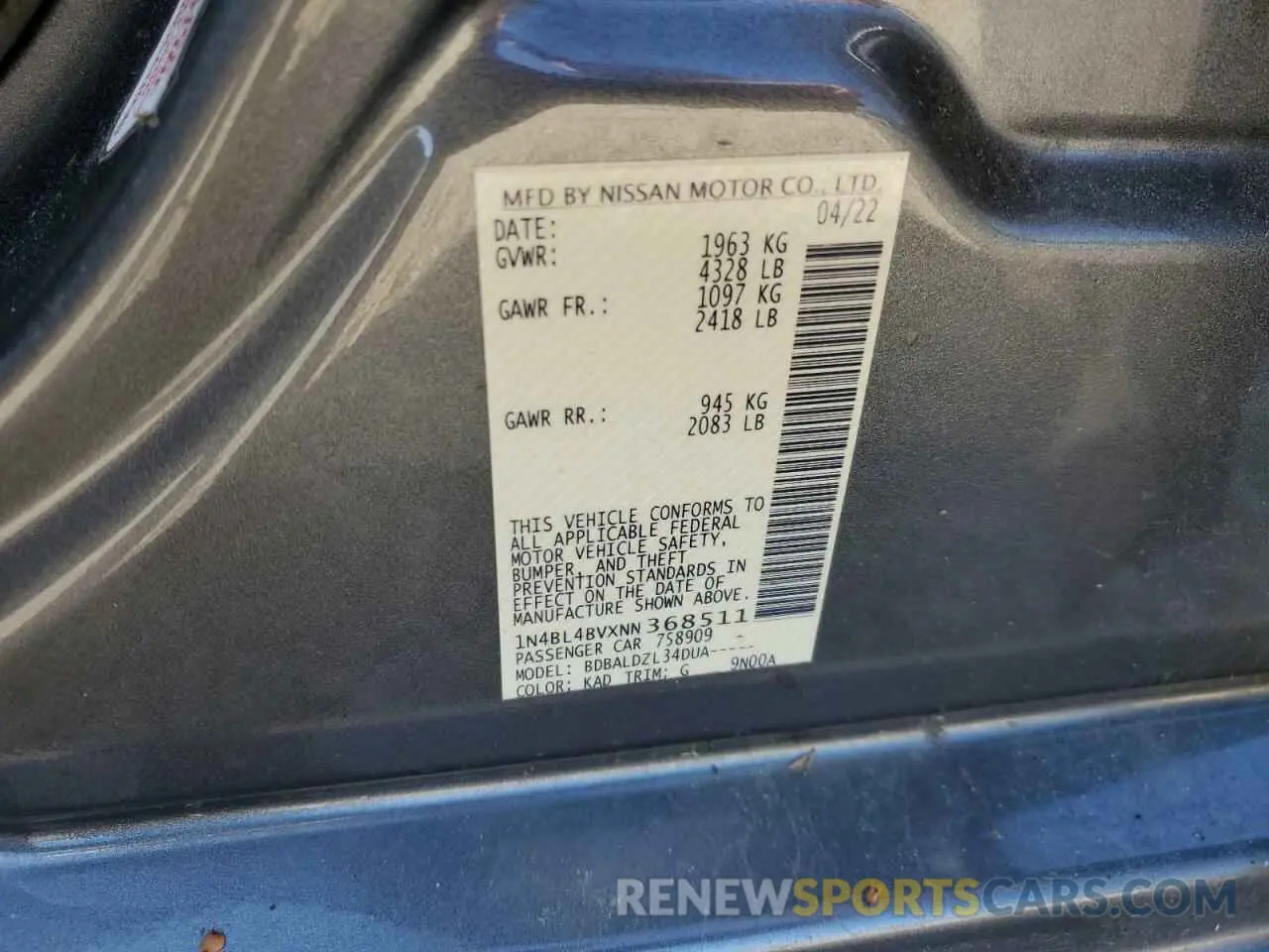 14 Photograph of a damaged car 1N4BL4BVXNN368511 NISSAN ALTIMA 2022