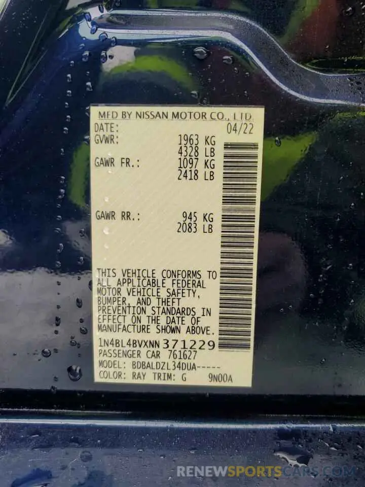 12 Photograph of a damaged car 1N4BL4BVXNN371229 NISSAN ALTIMA 2022
