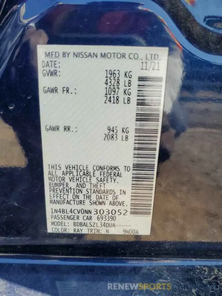 12 Photograph of a damaged car 1N4BL4CV0NN303052 NISSAN ALTIMA 2022