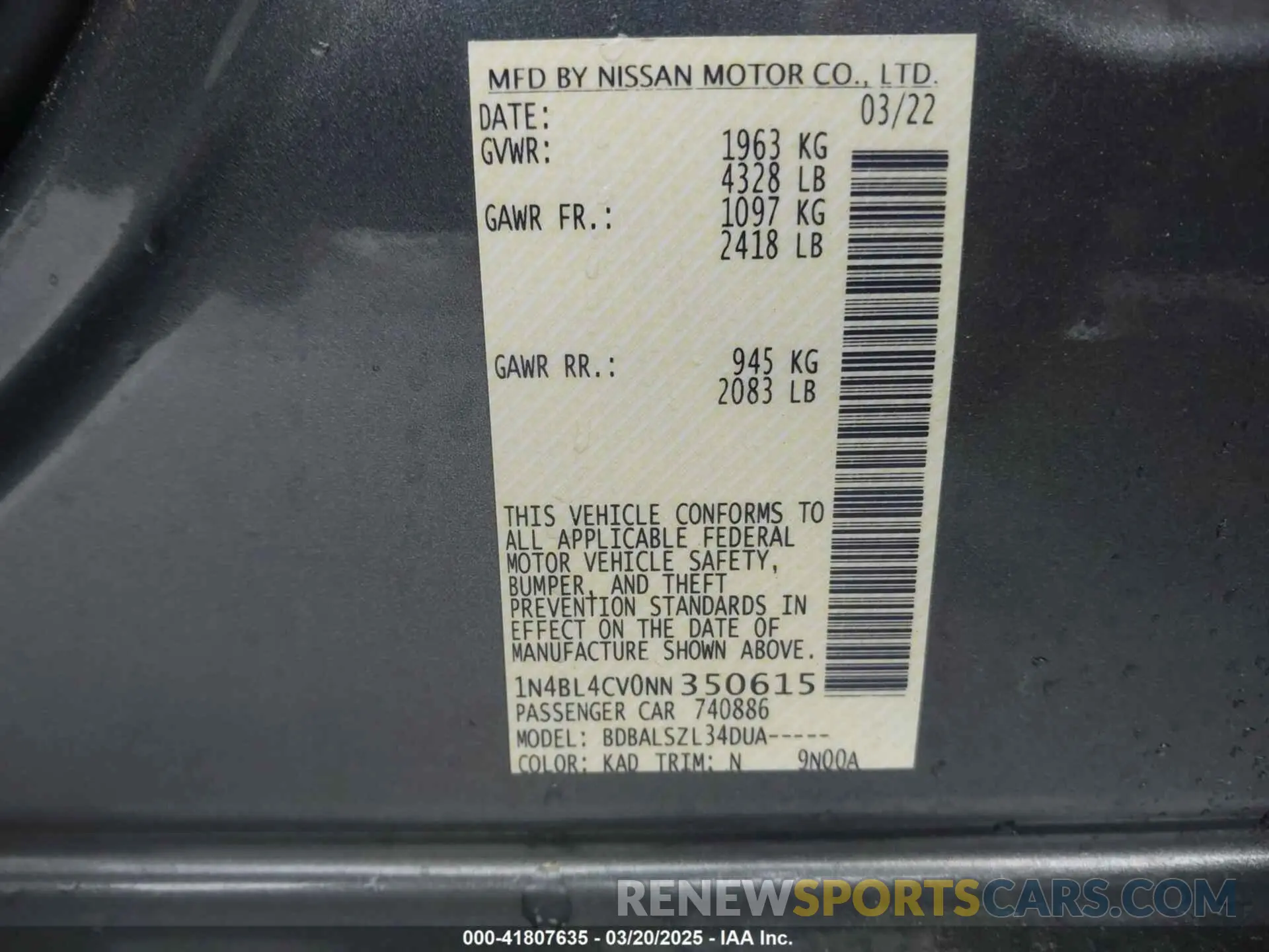 9 Photograph of a damaged car 1N4BL4CV0NN350615 NISSAN ALTIMA 2022
