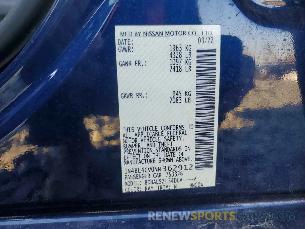 12 Photograph of a damaged car 1N4BL4CV0NN362912 NISSAN ALTIMA 2022